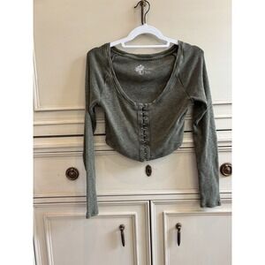 Anthropologie‎ Pilco Crop Hook Eyes Army Green Long Sleeve Ribbed XS